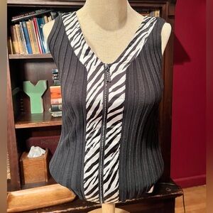 Belldini Y2K Ribbed Knit Tank Top w/ Zebra Print & Bling Zipper Size M